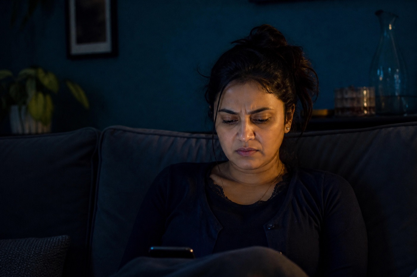 A woman at night looking at promotional WhatsApp messages on her phone